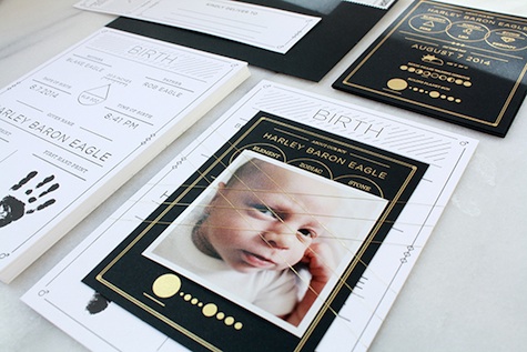 Gold foil letterpress birth announcement
